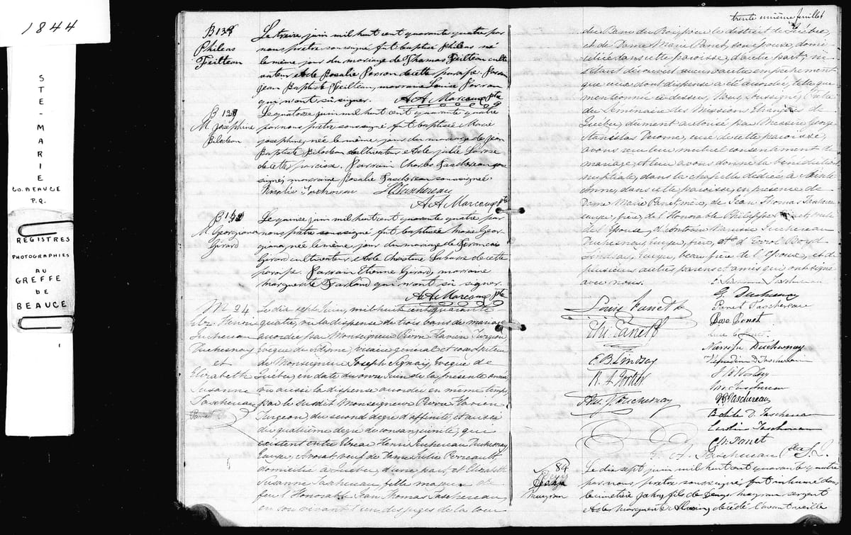 Acte de mariage d'Elzéar-Henri Juchereau Duchesnay et d'Élizabeth-Suzanne Taschereau, Sainte-Marie de Beauce, 17 juin 1844