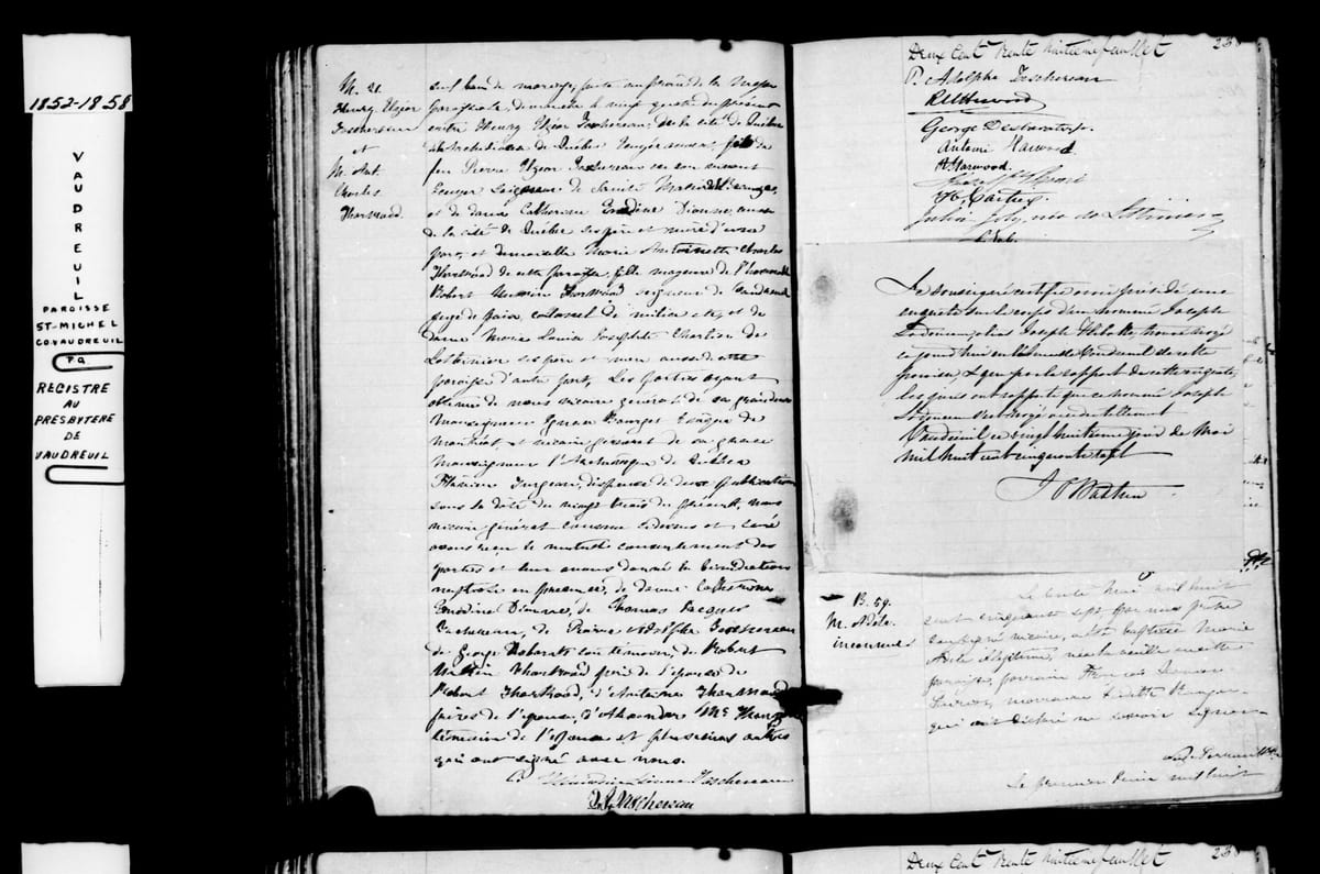 Acte de mariage d'Henri-Elzéar Taschereau et de Marie-Antoinette Harwood, Vaudreuil (St-Michel), 27 mai 1857 (seconde frame, le corps de l'acte et les signatures)