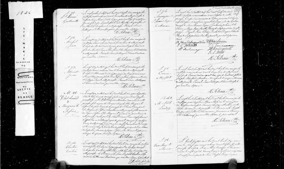 Acte de sépulture d'un enfant anonyme de Thomas-Jacques Taschereau, Sainte-Marie-de-Beauce, 28 juillet 1836