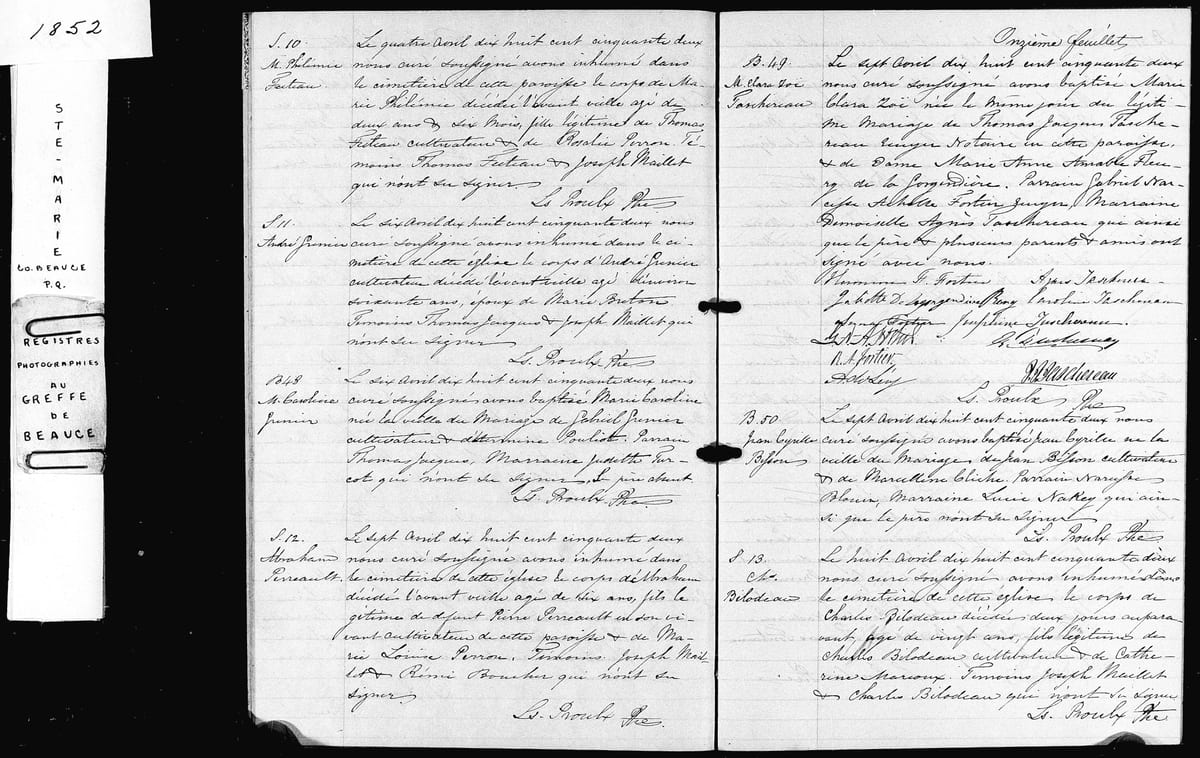 Acte de baptême de Marie-Clara-Zoé Taschereau, Sainte-Marie-de-Beauce, 7 avril 1852