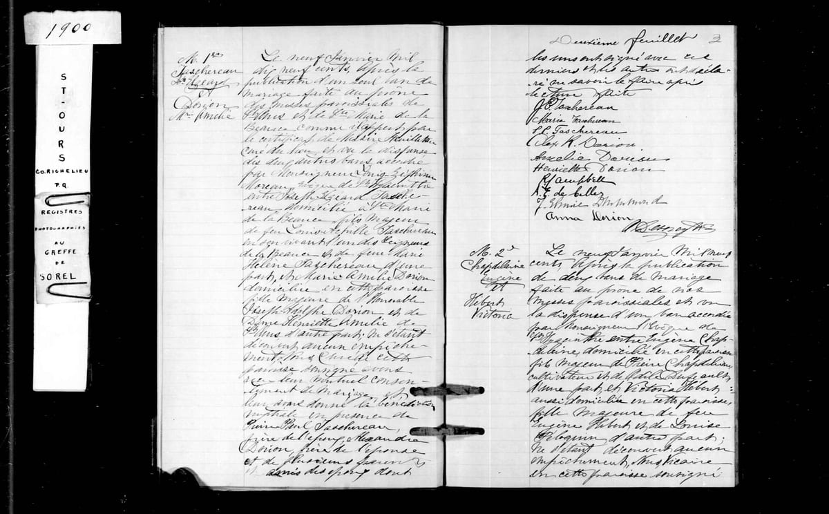 Acte de mariage de Joseph-Elzéard Taschereau et de Marie-Amélie Dorion, Immaculée-Conception de Saint-Ours, 9 janvier 1900