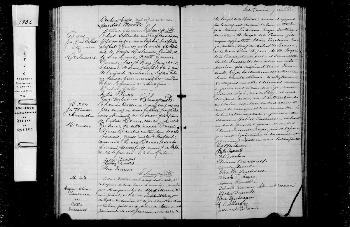 Acte de mariage d'Eugène-Olivier Taschereau et de Berthe Dussault, Notre-Dame-de-la-Victoire de Lévis, 2 octobre 1906