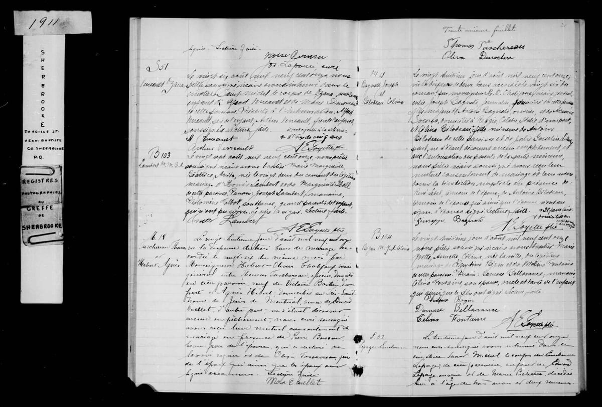 Acte de mariage de Thomas Taschereau et d'Agnès Hébert, Saint-Jean-Baptiste de Sherbrooke, 28 août 1911