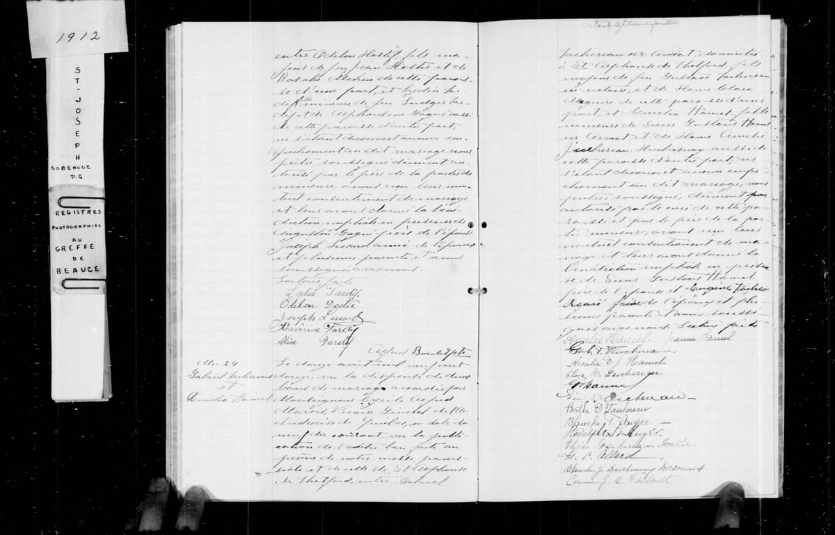 Acte de mariage de Gabriel Taschereau et d'Amélia Hamel, Saint-Joseph-de-Beauce, 12 août 1912