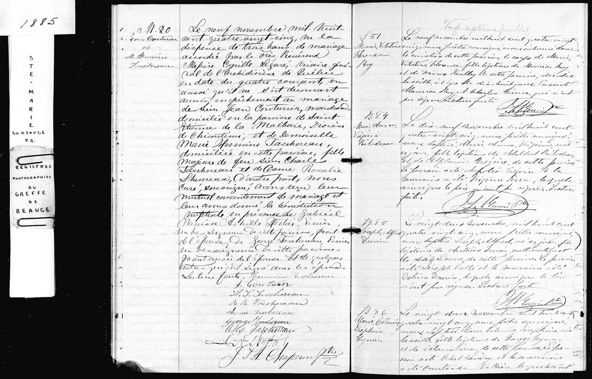 Acte M.20 du mariage de Jean Couturier et de Marie-Herminie Taschereau, Ste-Marie-de-Beauce, 9 novembre 1885