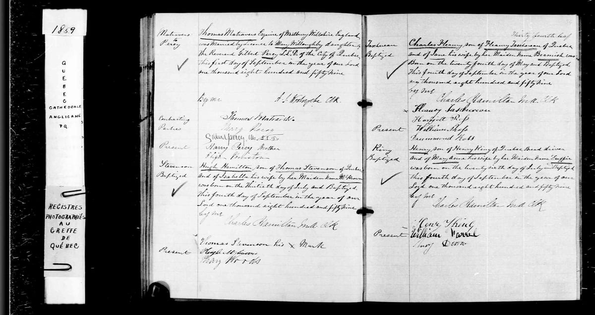 Acte de baptême de Charles-Fleaury Taschereau, cathédrale anglicane Holy Trinity de Québec, 4 septembre 1859