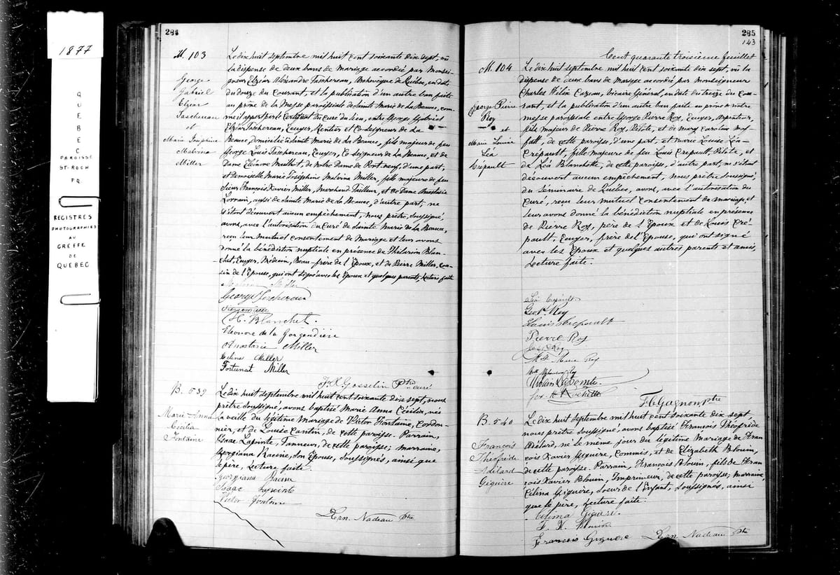 Acte M.103 du mariage de George-Gabriel-Elzéar Taschereau et de Marie-Joséphine-Malvina Miller, Saint-Roch de Québec, 18 septembre 1877