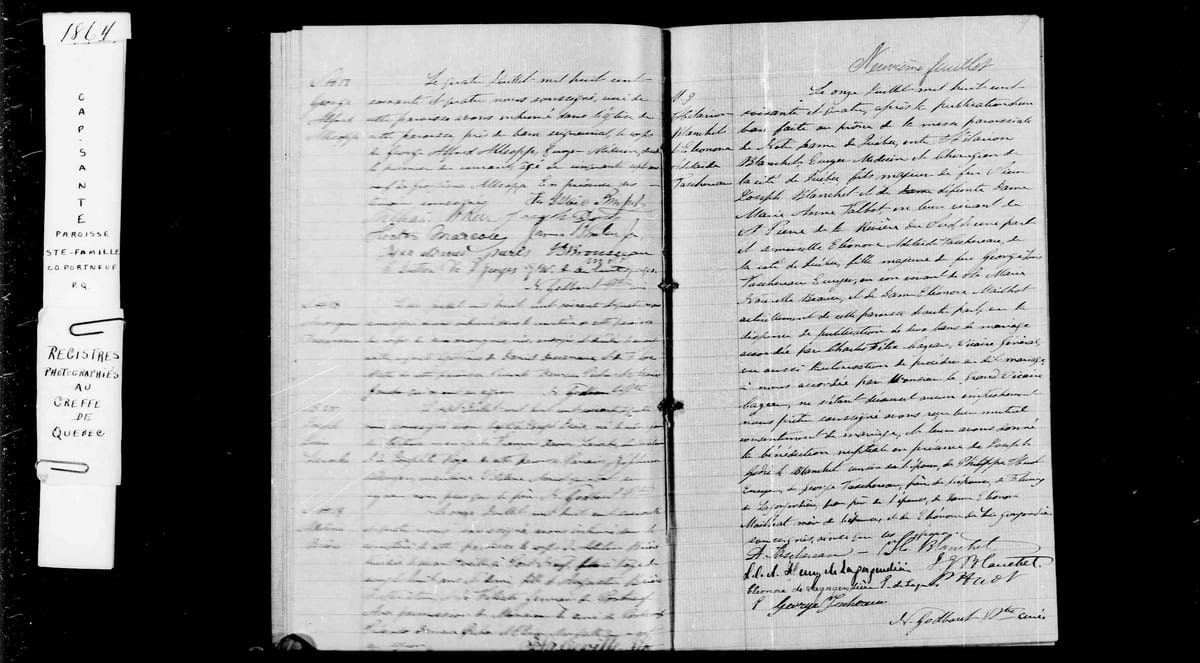 Acte M.9 du mariage d'Hilarion Blanchet et d'Éléonore-Adélaïde Taschereau, Sainte-Famille de Cap-Santé, 11 juillet 1864