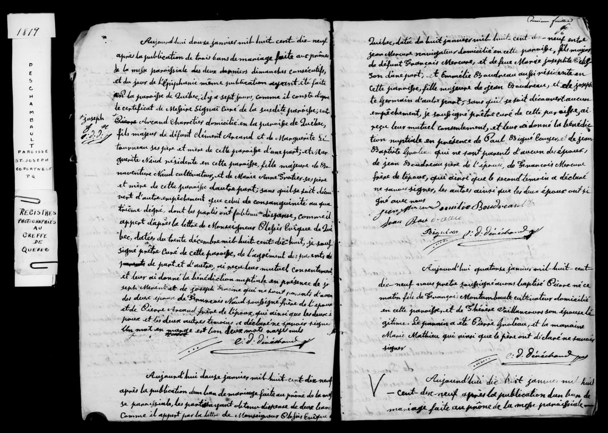 Acte de mariage d'Antoine-Charles Taschereau et d'Adélaïde Fleury de Lagorgendière, Deschambault, 18 janvier 1819 — début de l'acte