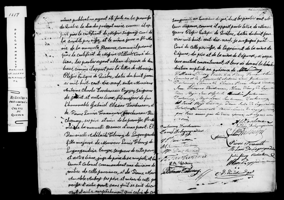 Acte de mariage d'Antoine-Charles Taschereau et d'Adélaïde Fleury de Lagorgendière, Deschambault, 18 janvier 1819 — corps de l'acte et signatures