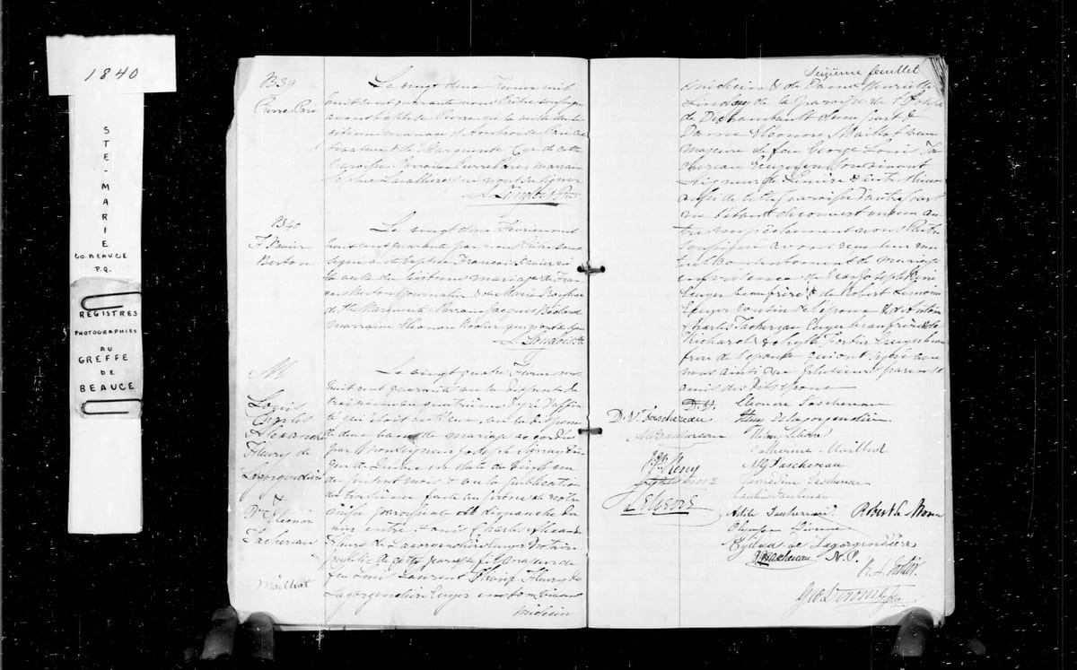 Acte du remariage d'Éléonore Mailhot avec le notaire Louis-Charles-Alexandre Fleury de la Gorgendière, Sainte-Marie-de-Beauce, 24 février 1840