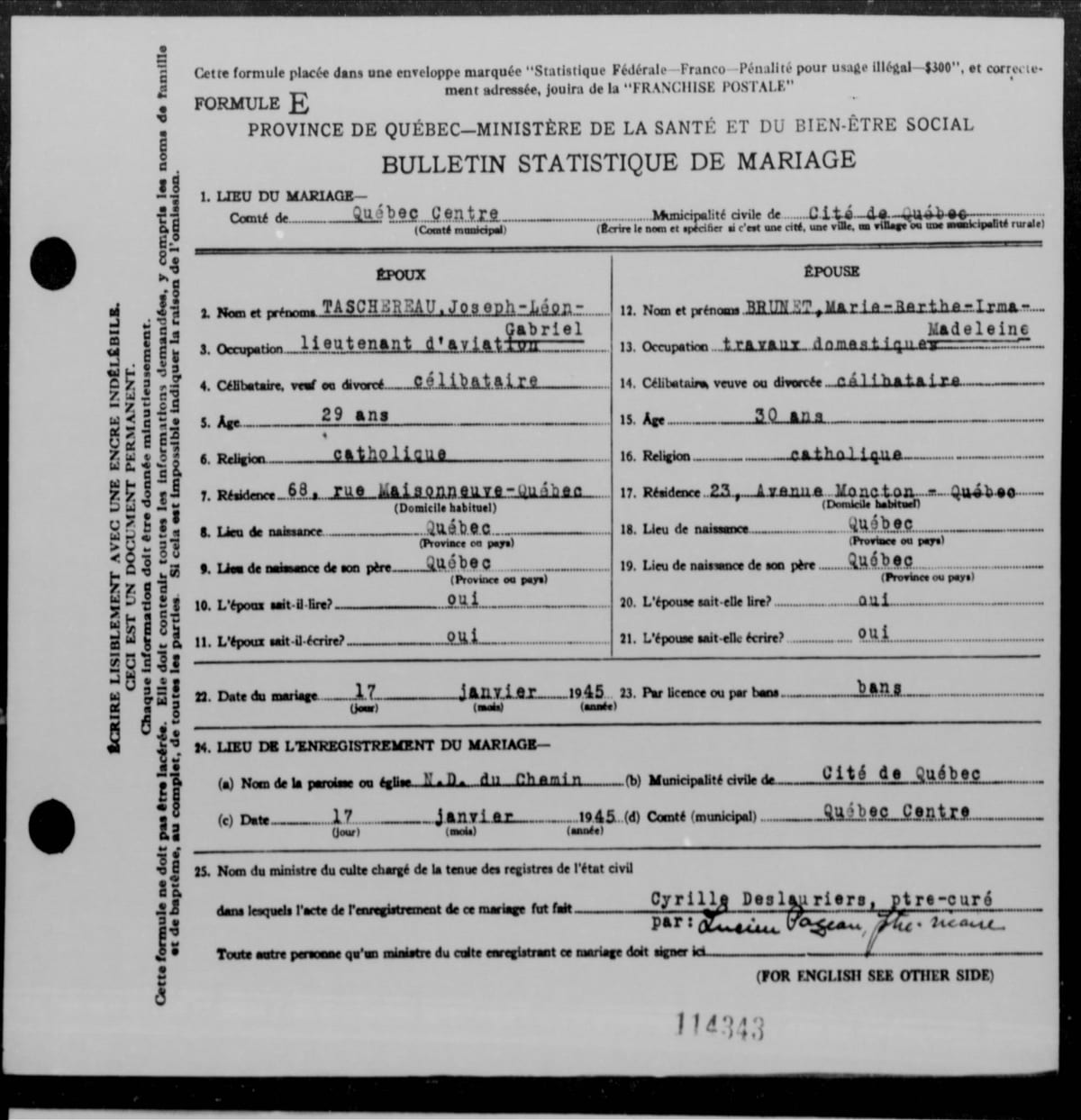 Bulletin statistique de mariage « Formule E » de Joseph-Léon-Gabriel Taschereau et de Marie-Berthe-Irma-Madeleine Brunet, Québec, 17 janvier 1945