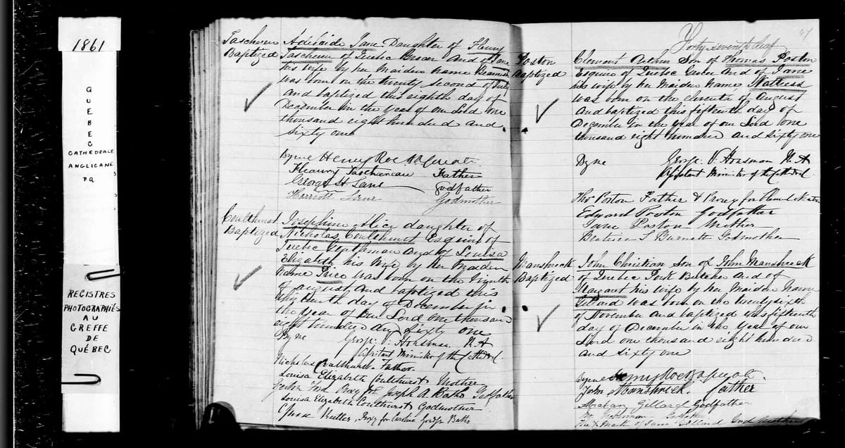 Le baptême anglican d'Adelaide Jane Taschereau, 1861