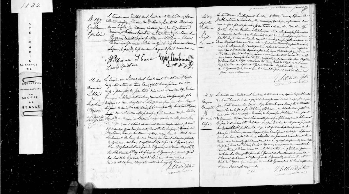 Le baptême de Guillaume Épictière, et la signature de son père, 1832