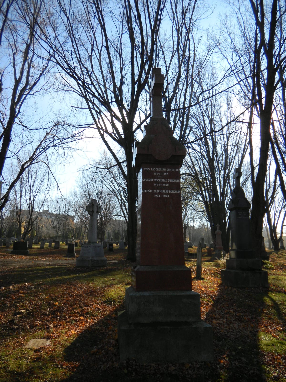 L'obélisque des trois enfants Taschereau-Dumoulin (vue d'ensemble), cimetière Belmont