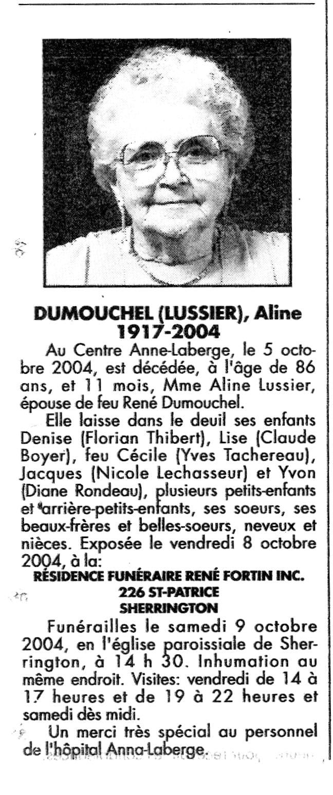Avis de décès d'Aline Lussier, veuve de René Dumouchel, Sherrington, 5 octobre 2004