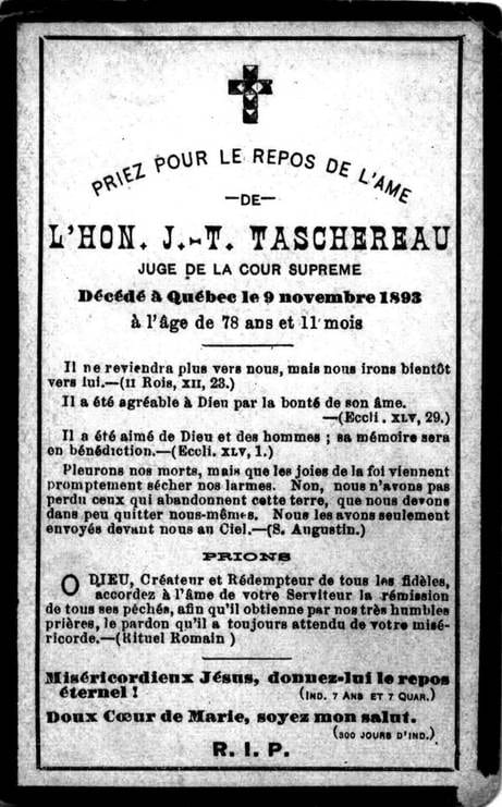 Carte mortuaire du juge Jean-Thomas Taschereau, Québec, 9 novembre 1893
