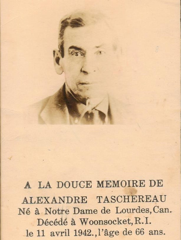 Carte mortuaire d'Alexandre Taschereau, Woonsocket (Rhode Island), 11 avril 1942