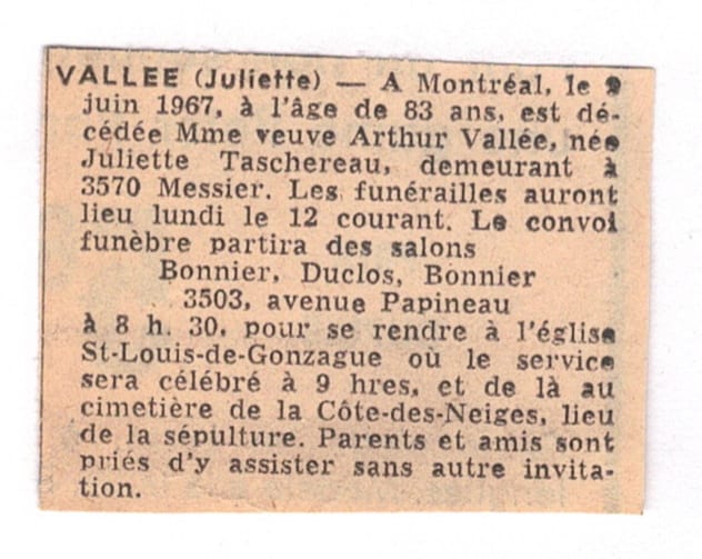 Avis de décès de Juliette Taschereau, veuve d'Arthur Vallée, Montréal, 9 juin 1967