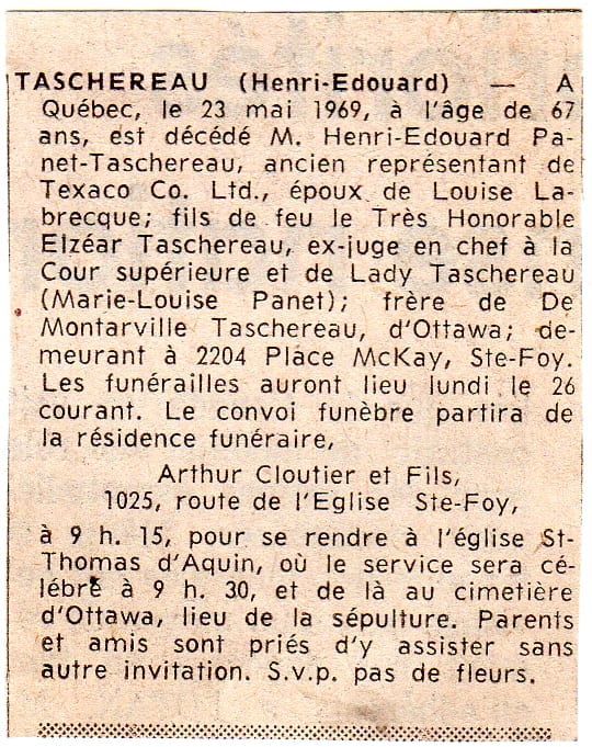 Avis de décès d'Henri-Edouard Panet-Taschereau, époux de Louise Labrecque, Québec, 23 mai 1969