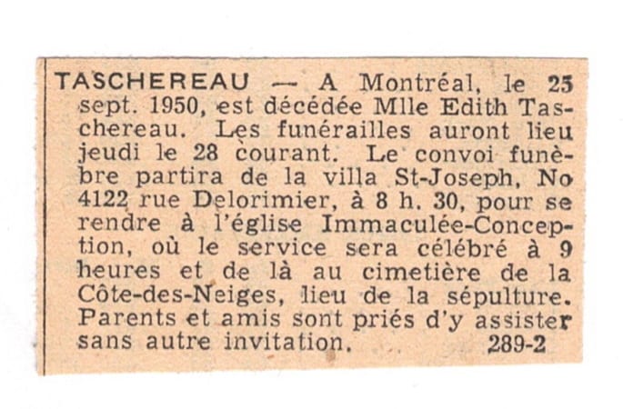 Avis de décès d'Edith Taschereau, Montréal, 25 septembre 1950