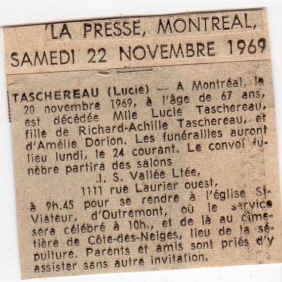 Avis de décès de Lucie Taschereau, fille de Richard-Achille Taschereau et d'Amélie Dorion, Montréal, 20 novembre 1969