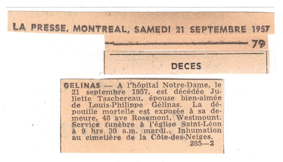Avis de décès de Juliette Taschereau, épouse de Louis-Philippe Gélinas, Montréal, 21 septembre 1957