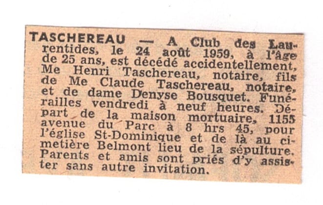 Avis de décès de Me Henri Taschereau, notaire, mort accidentellement au Club des Laurentides, 24 août 1959