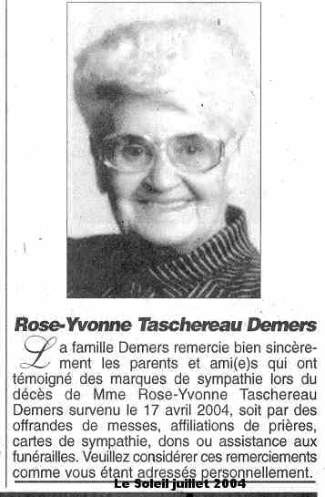 Carte de remerciements de la famille Demers après le décès de Rose-Yvonne Taschereau, Le Soleil, juillet 2004