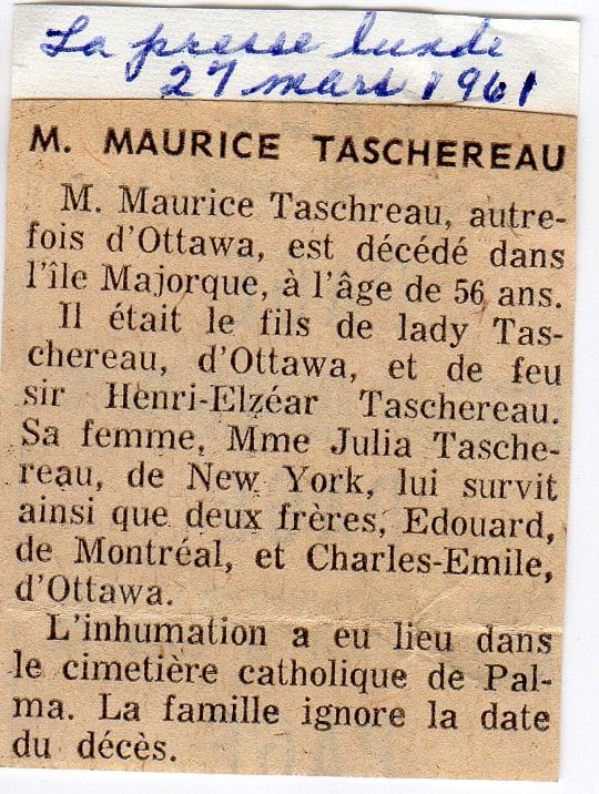 Avis de décès de Maurice Taschereau, mort dans l'île de Majorque, La Presse du 27 mars 1961