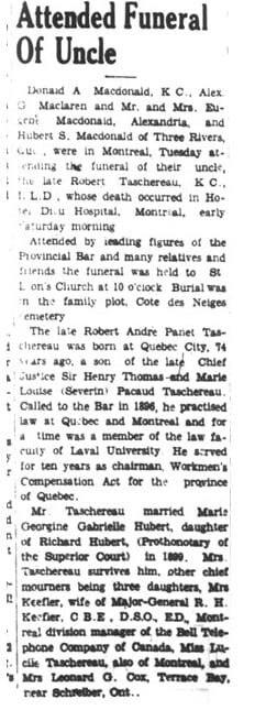 « Attended Funeral Of Uncle » — l'avis des funérailles de Robert-André Panet-Taschereau, 1948