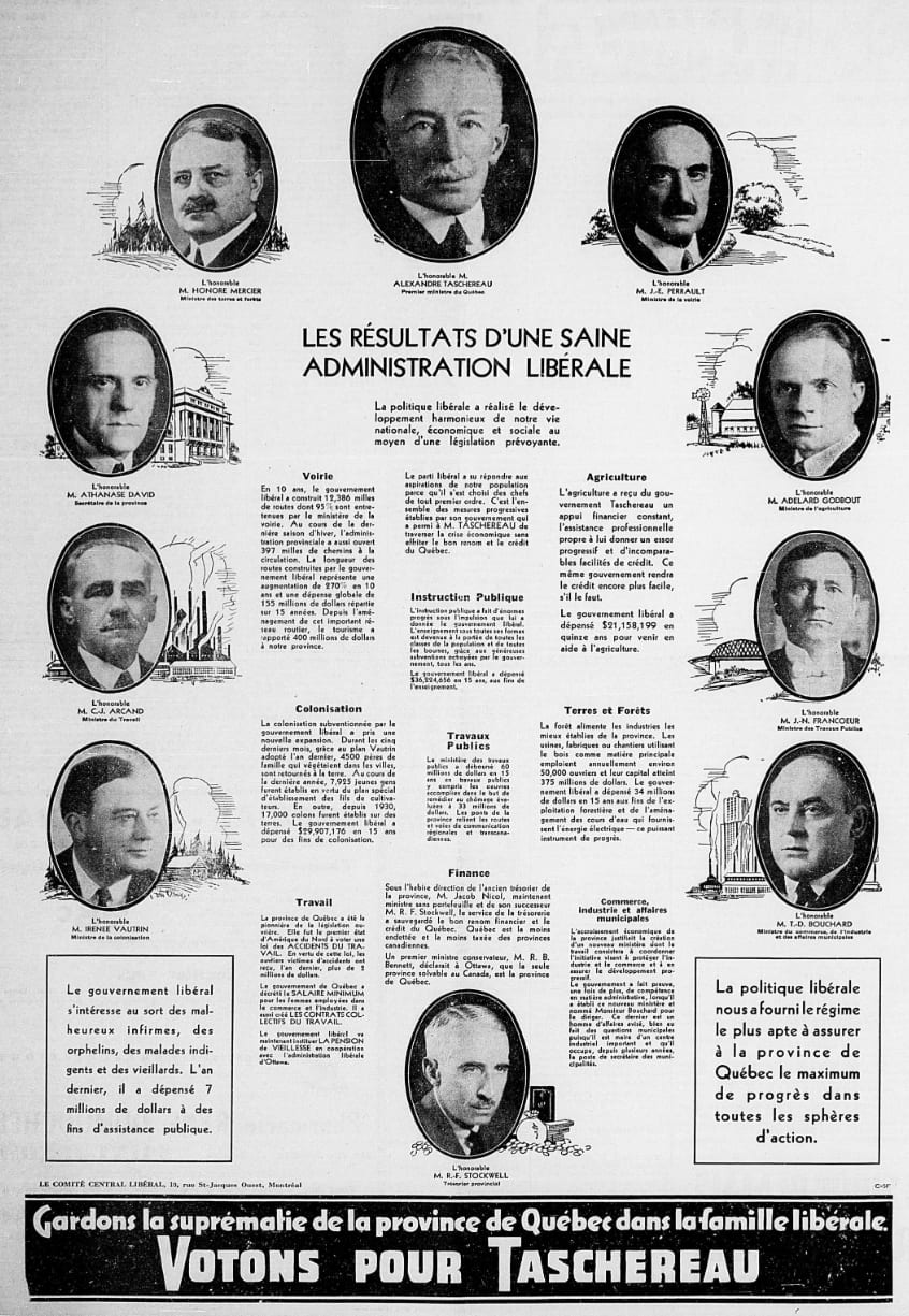 Les résultats d'une saine administration libérale — annonce du Parti libéral, 22 novembre 1935
