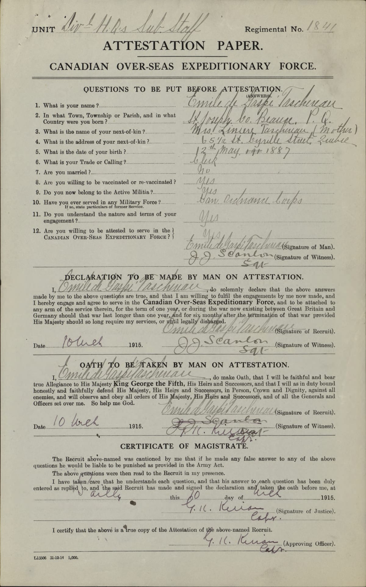 Feuille d'attestation d'Émile de Gaspé Taschereau, Sailly, 10 mars 1915