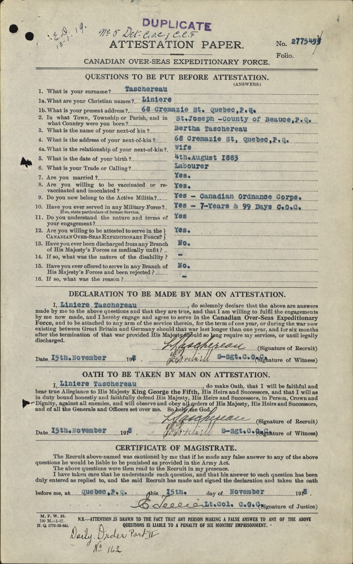 Feuille d'attestation de Linière Taschereau, Québec, 15 novembre 1918