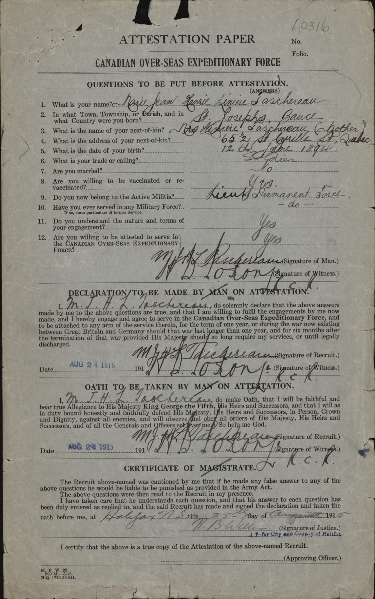 Feuille d'attestation de Marie-Jean-Henri-Linière Taschereau, Halifax, 24 août 1915