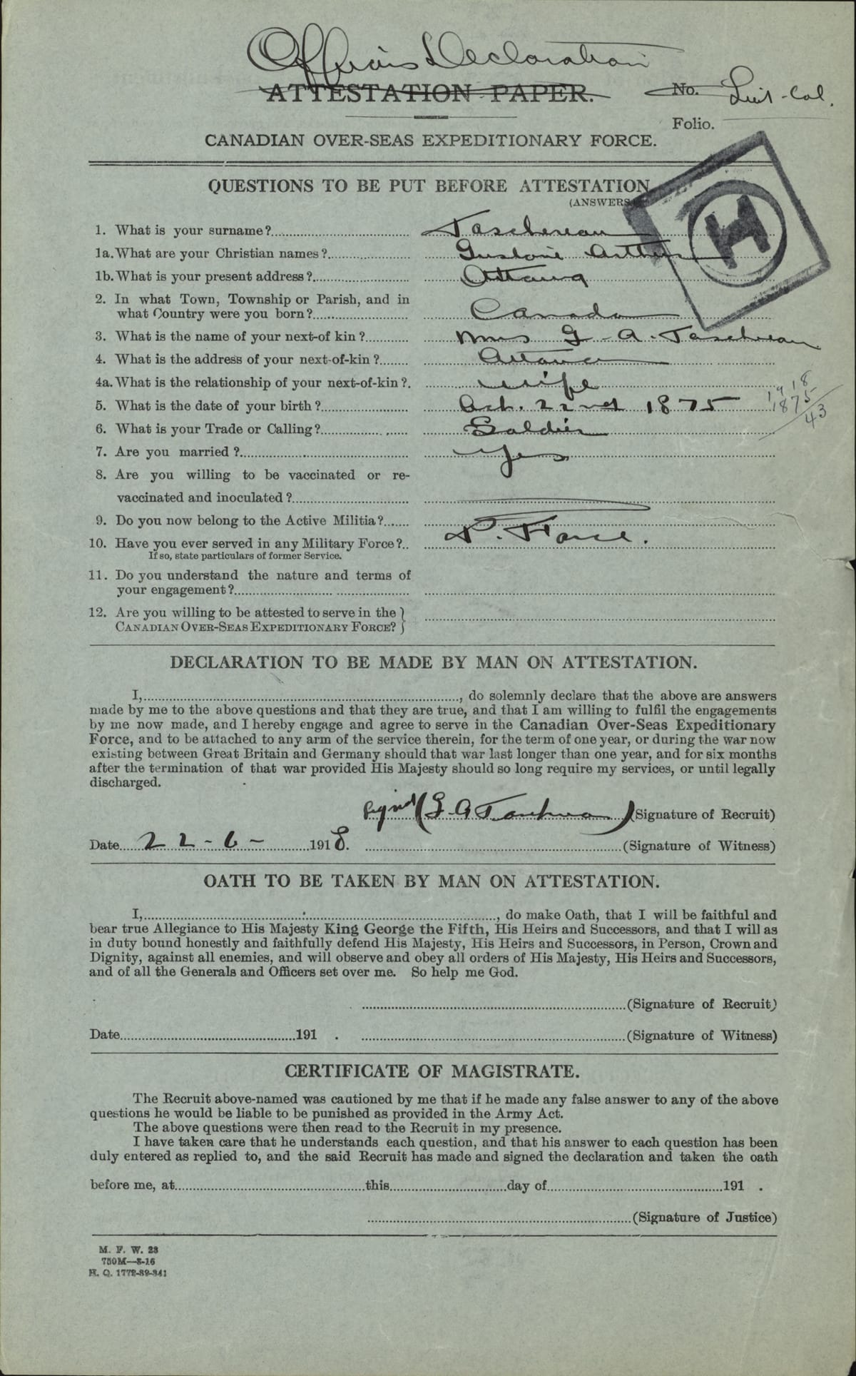 Déclaration d'officier du Corps expéditionnaire canadien, Gustave-Arthur Taschereau, 22 juin 1918