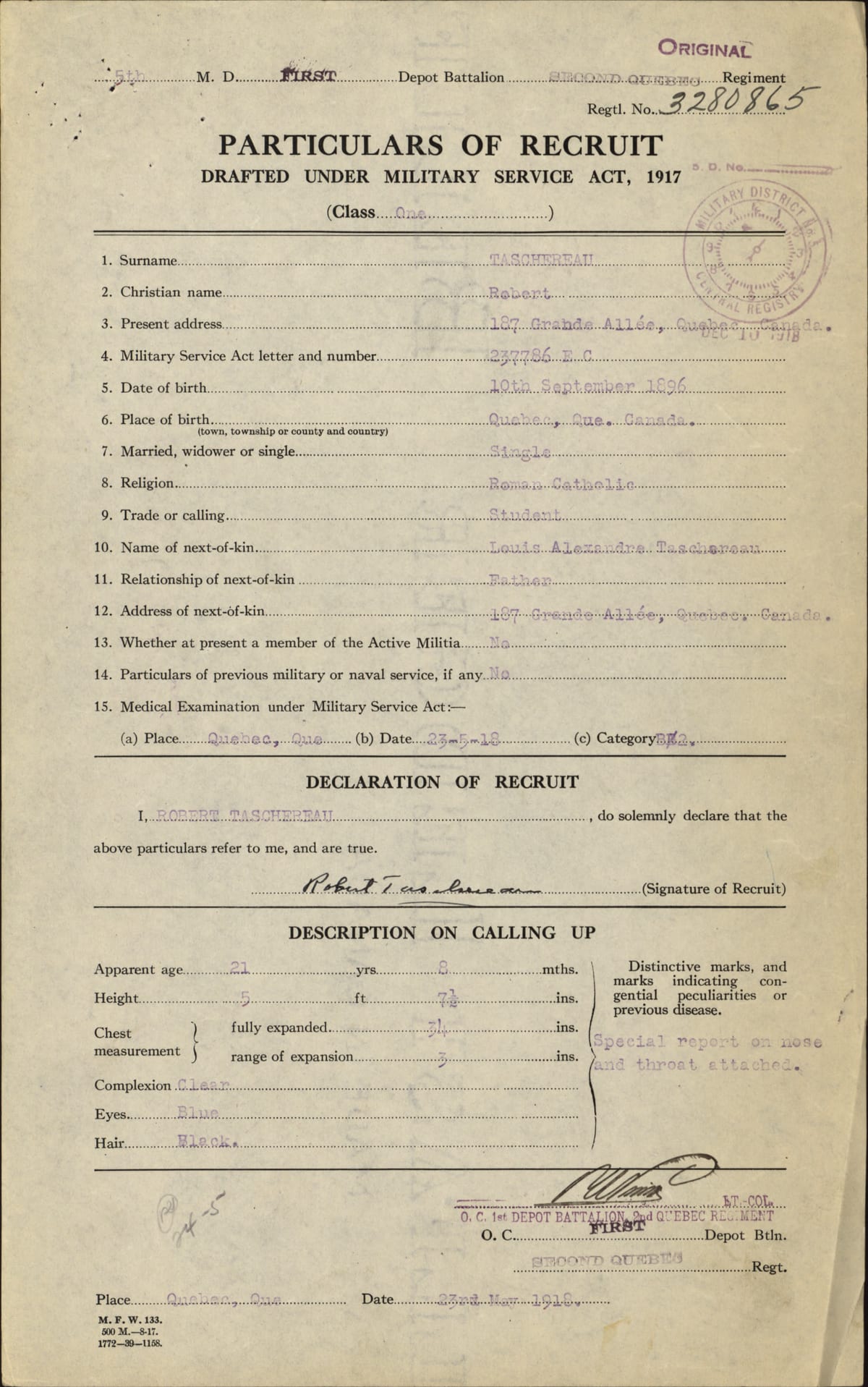 Particulars of Recruit du Robert Taschereau, 23 mai 1918