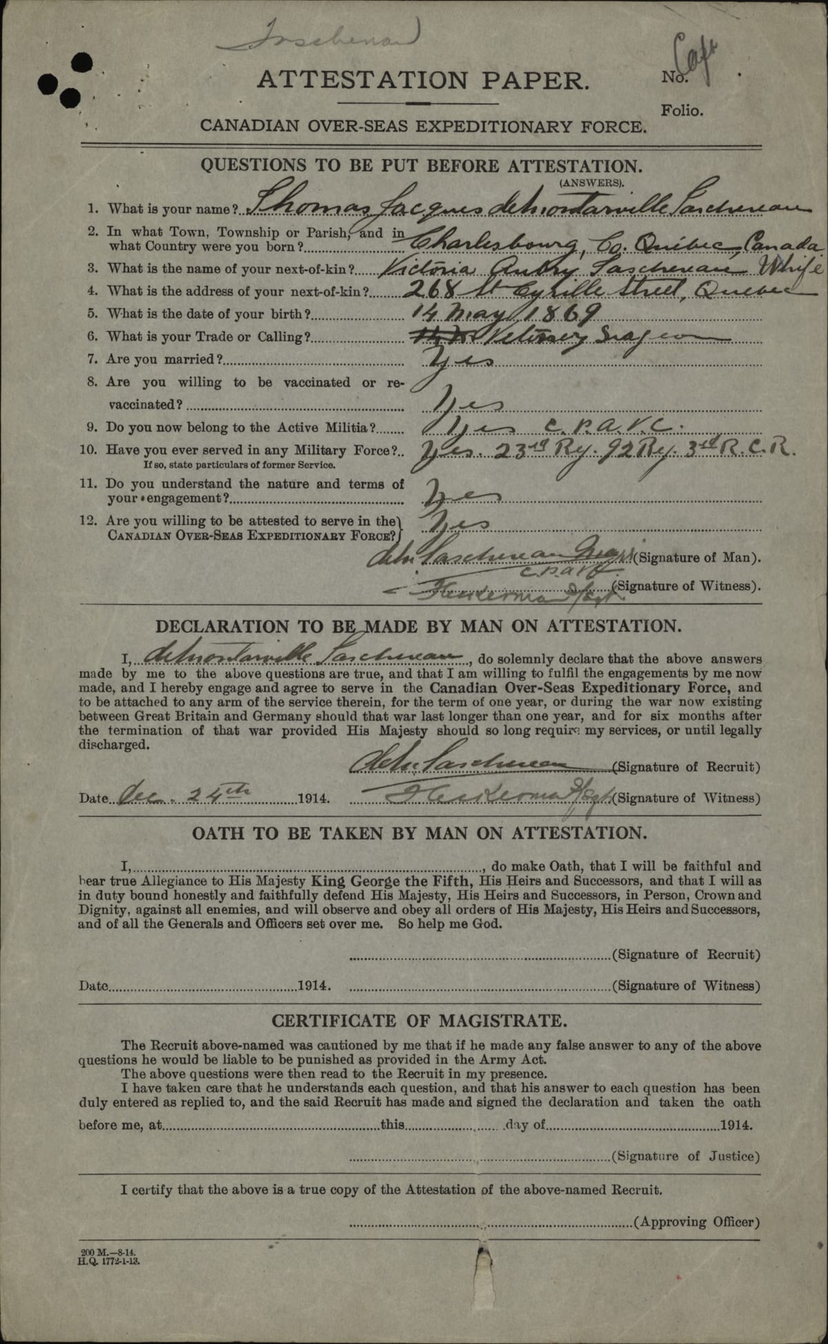 Attestation de Thomas-Jacques de Montarville Taschereau, Corps expéditionnaire canadien, 24 décembre 1914