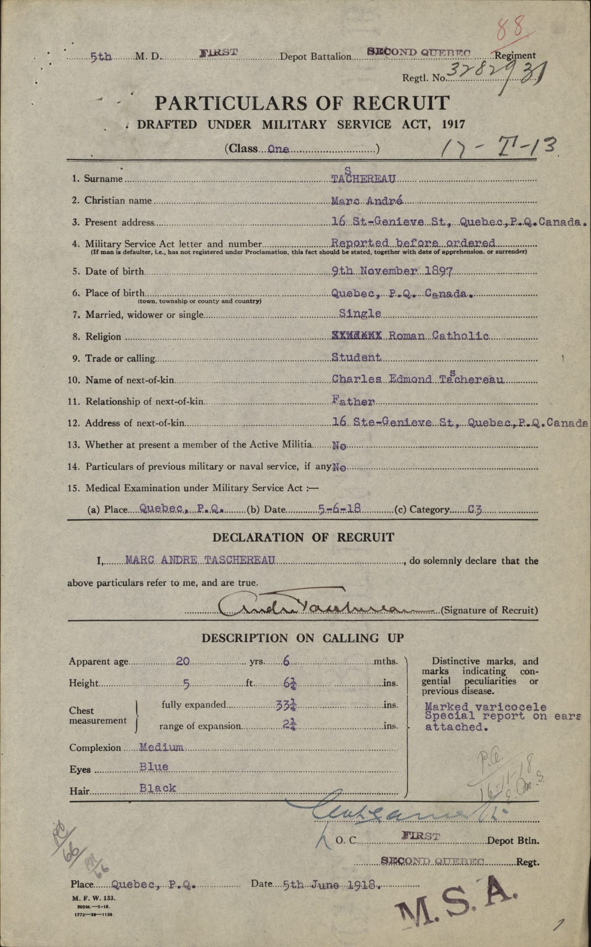 Particulars of Recruit du Marc-André Taschereau, 5 juin 1918