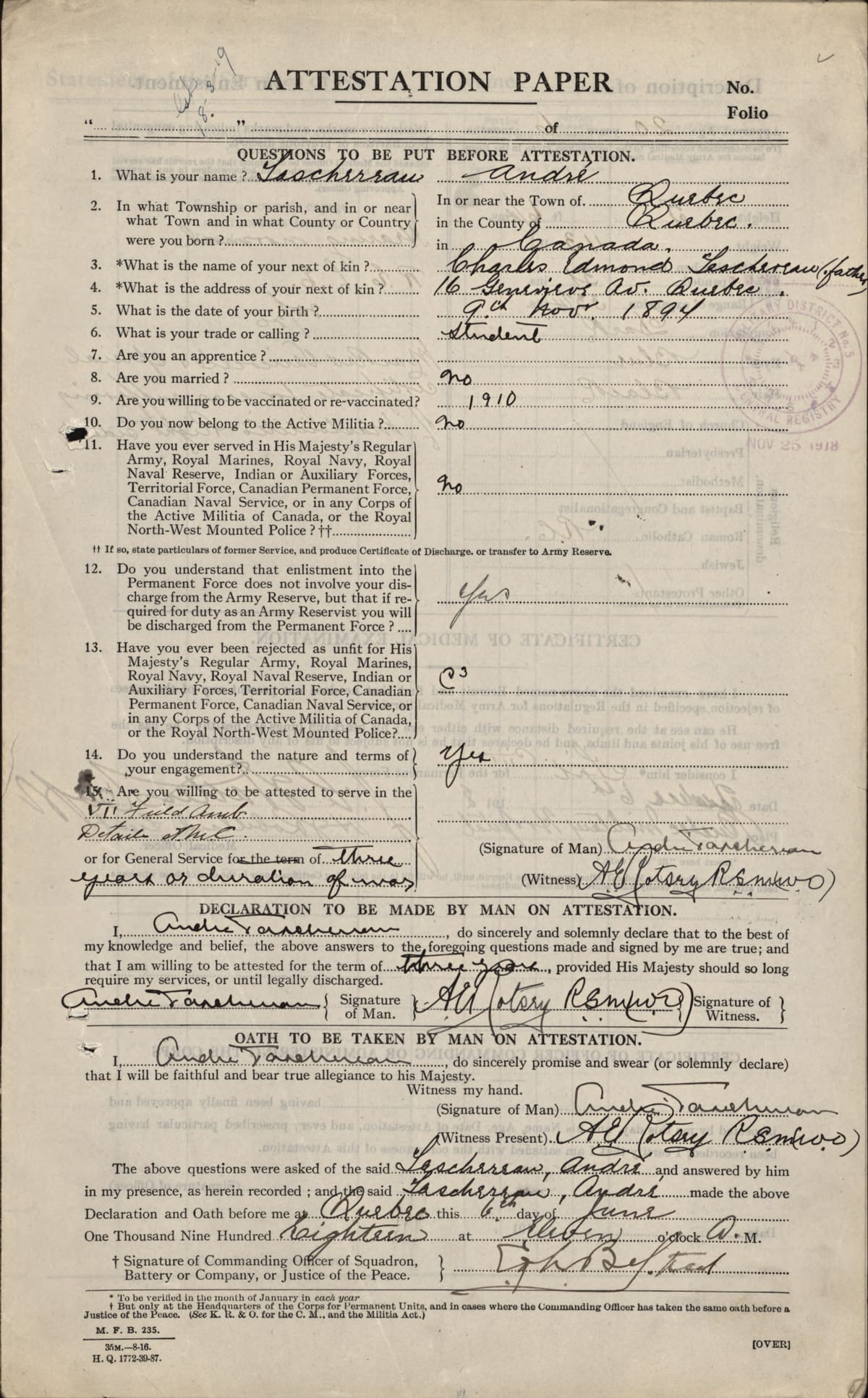 Attestation volontaire du Marc-André Taschereau, Corps expéditionnaire canadien, 6 juin 1918