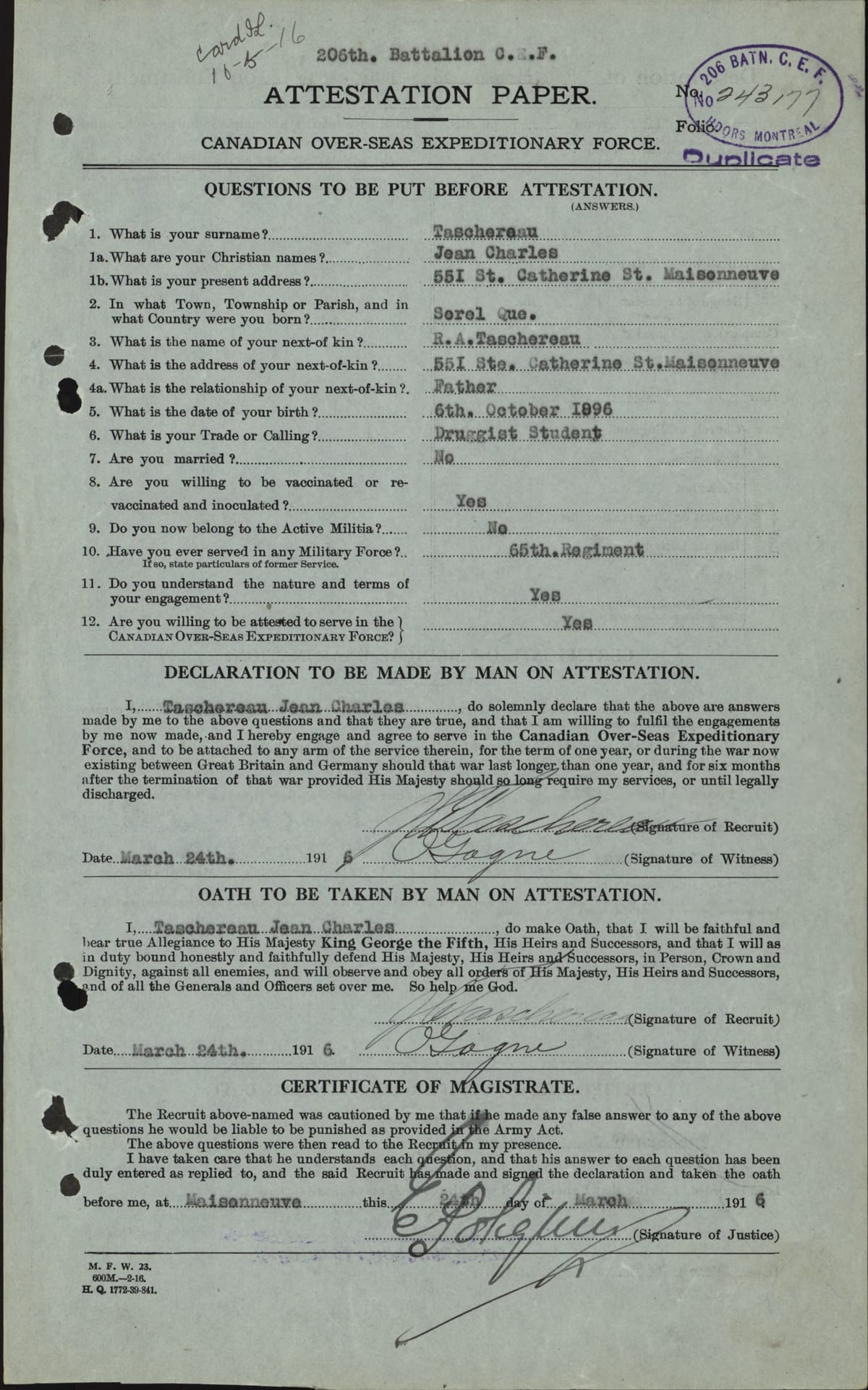 Attestation de Jean-Charles Taschereau, Corps expéditionnaire canadien, 24 mars 1916