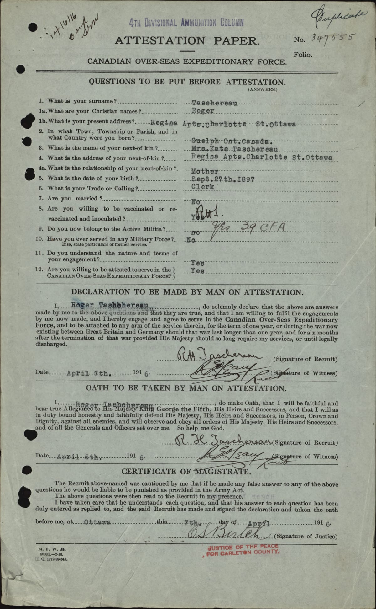 Attestation de Roger Taschereau, Corps expéditionnaire canadien, 7 avril 1916