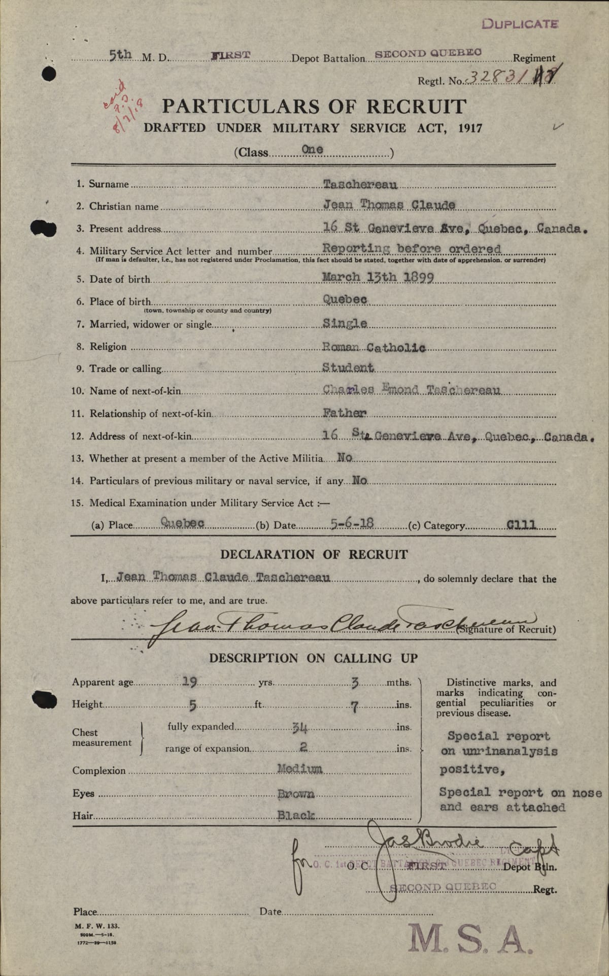 Particulars of Recruit du Jean-Thomas-Claude Taschereau, 5 juin 1918