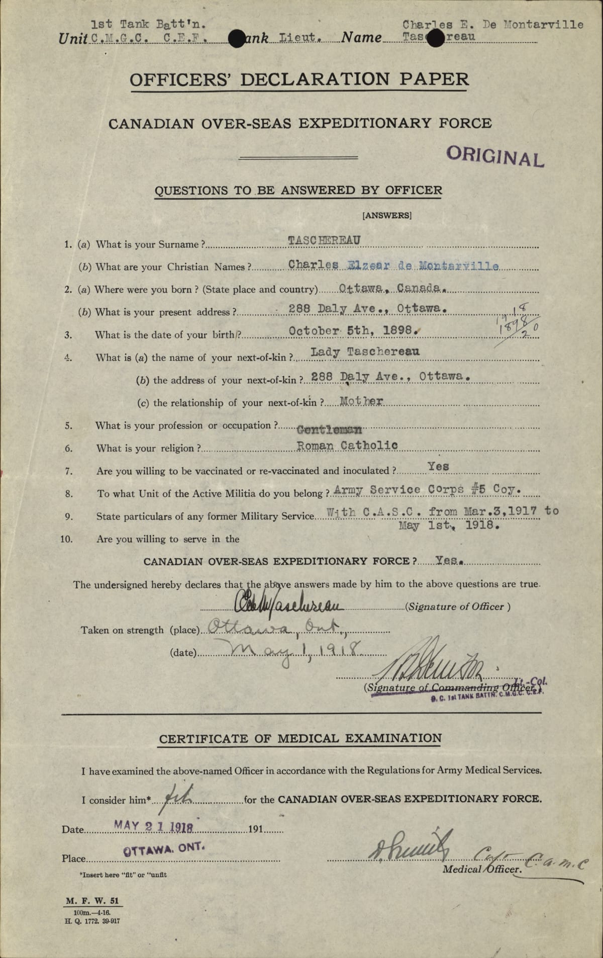 Feuille de déclaration d'officier du Corps expéditionnaire canadien, Charles-Elzéar de Montarville Taschereau