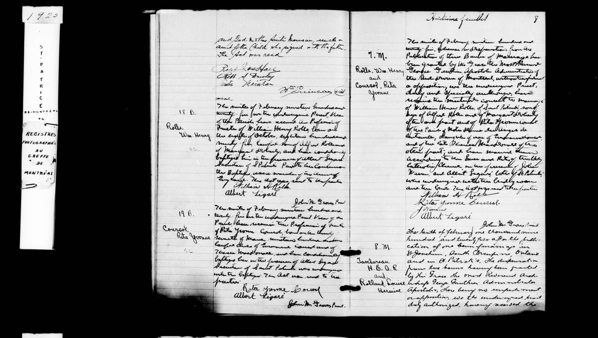 Acte de mariage Taschereau × Rolland, 10 février 1925 — feuillet 8 (début de l'acte)