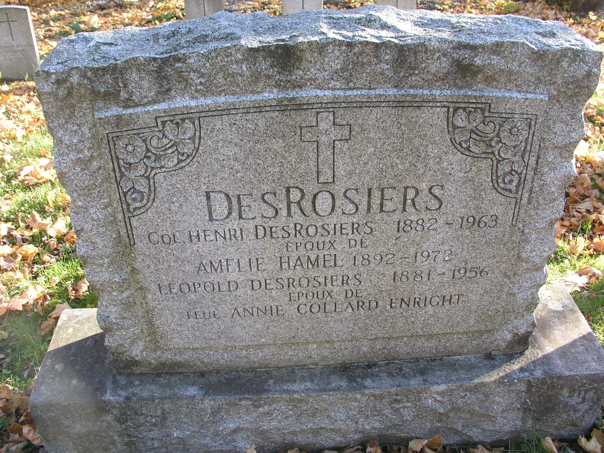 La pierre de Amélie Hamel et de Henri Desrosiers, cimetière Belmont