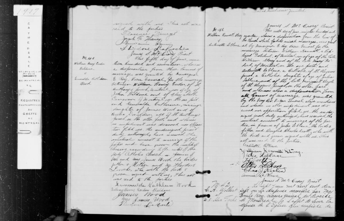 Feuille de registre de la cathédrale de Montréal (St-Jacques-le-Majeur) du 7 juin 1917 : mariage de Carl A. Wolbert et Alice Taché, majorité, célibataires, résidence Montréal. Père de l'époux, Ayeb Wolbert (« MAJOR ») ; mère, Edith Eugestrom. Père de l'épouse, Louis Henri Taché ; mère, Marie Louise Taschereau.