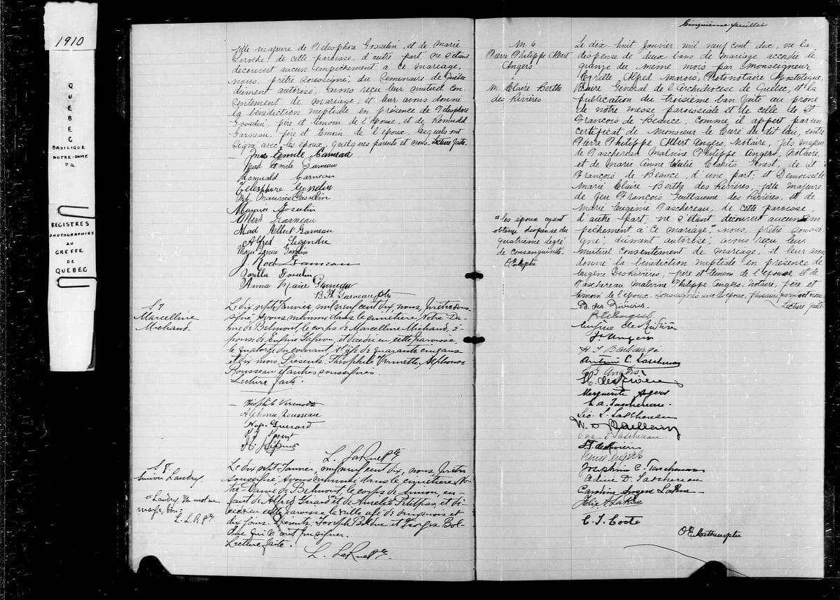 L'acte de mariage de Pierre Philippe Albert Angers et de Marie Claire Berthe des Rivières, Québec, 18 janvier 1910