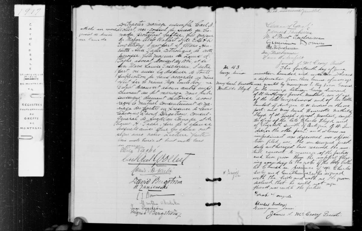 Dix-neuvième feuillet du registre de la cathédrale de Montréal (St-Jacques-le-Majeur) du 7 juin 1917 : suite et fin de l'acte M. 42, mariage de Carl Axel Wollert et Marie Henriette Alice Taschereau. L'acte nomme les parents de l'épouse : Louis H. Taché (avocat, Conseil du Roi) et feu Marie Louise Taschereau. L'époux signe « Carl Axel Wollert » ; vice-consul de Suède au Canada.