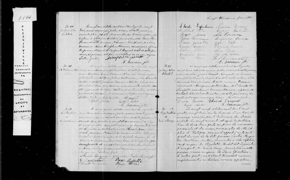 Acte M. 13 du mariage d'Augustin Mathieu et de Marie Soucy, Plessisville (St-Calixte-de-Somerset), 29 octobre 1883
